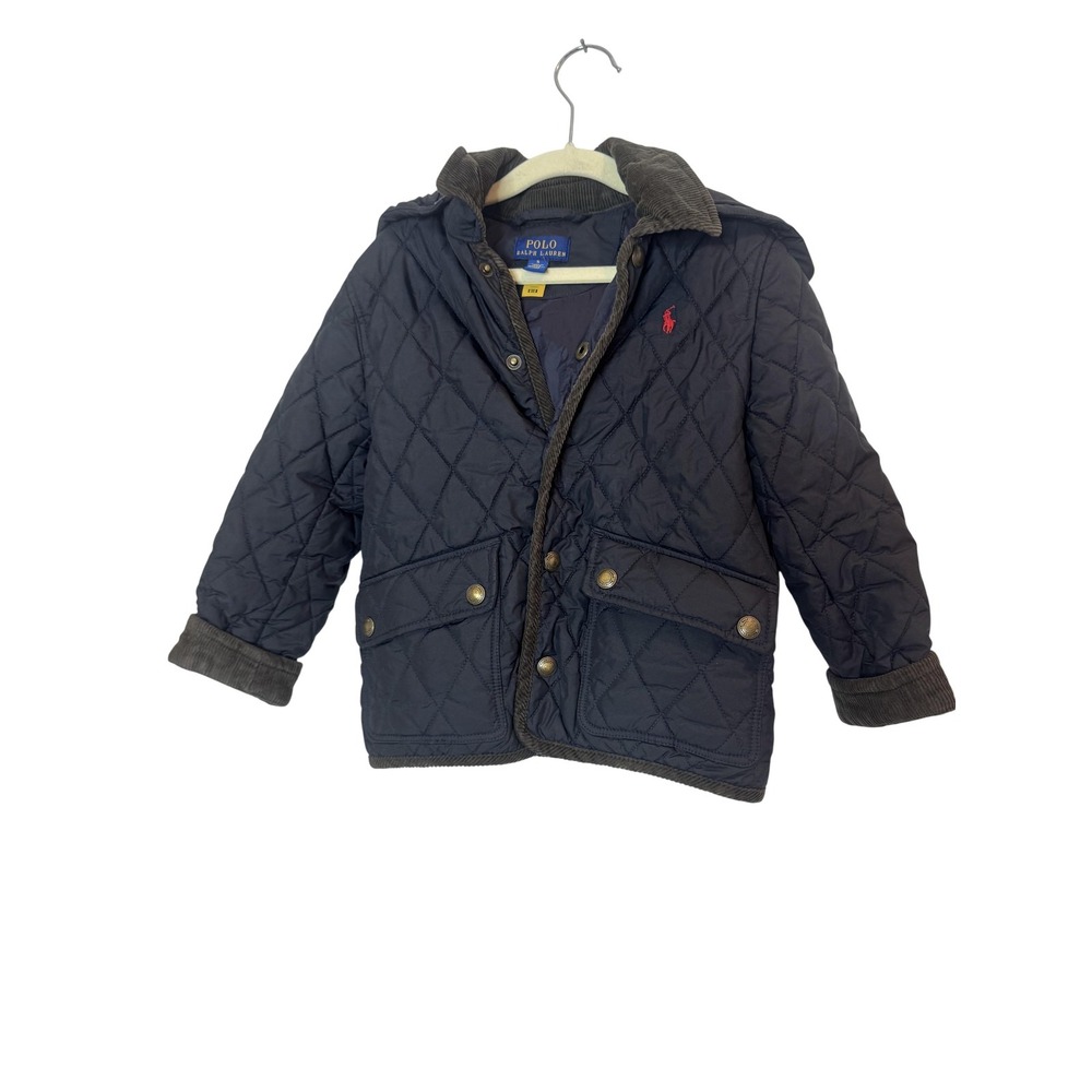 Polo Ralph Lauren Jacket Boys 5 Blue Quilted Hooded Corduroy Collar Coat